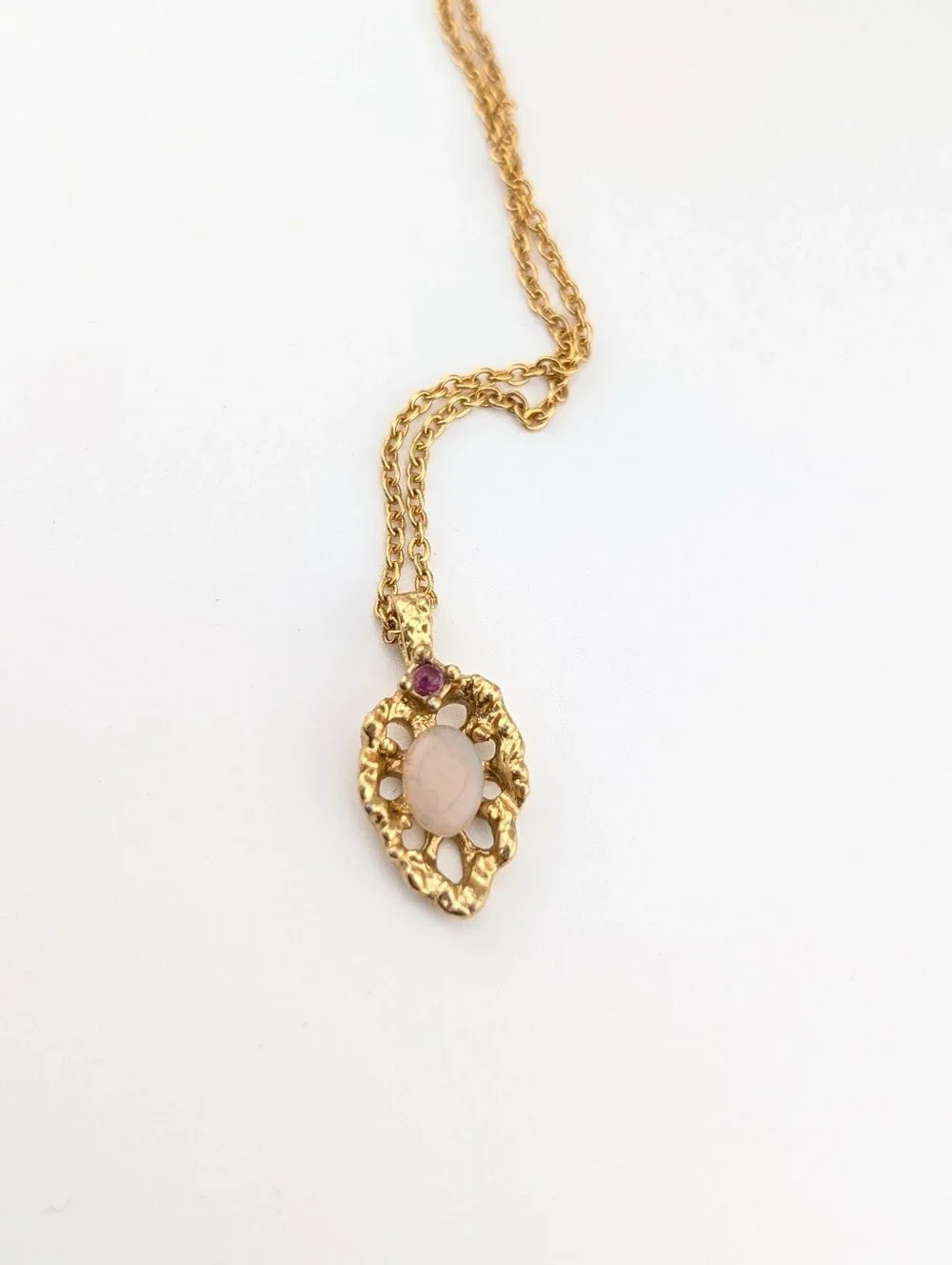 Vintage Opal & Ruby Gold Necklace - Van Doren - Dainty Classic Estate Jewelry